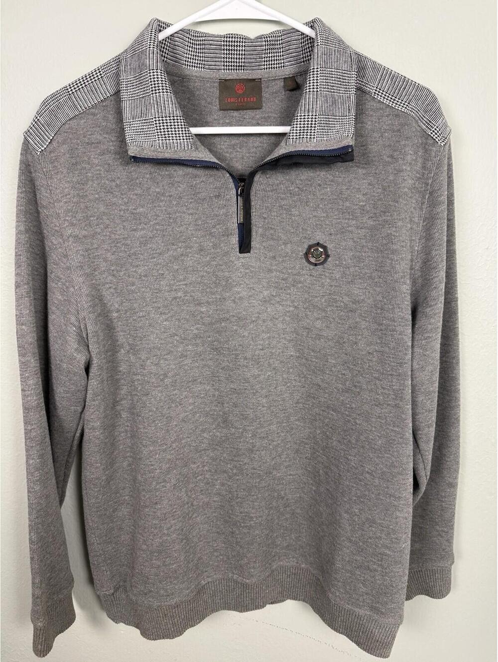 Louis Feraud Paris Men’s Gray 1/4 Zip Sweater Glen Plaid Collar Size L